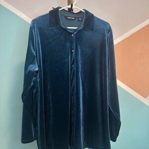 Lands End Velour Top Women Plus Sized 1xBlue Long Sleeve Stretch Pullover V-Neck